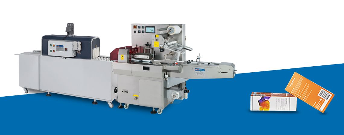Horizontale Flow-Wickelmaschine mit Schrumpftunnel, PSA-200W+AS-350 für die Planung von funktionalen Lebensmittelproduktlösungen