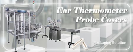 Cartonnage｜ Couvre-probes pour thermomètres auriculaires - Machine de cartonnage vertical, CVE-100(CE) intégrée avec impression par jet d'encre et dispositifs d'étiquetage pour les couvercles de sonde de thermomètre auriculaire