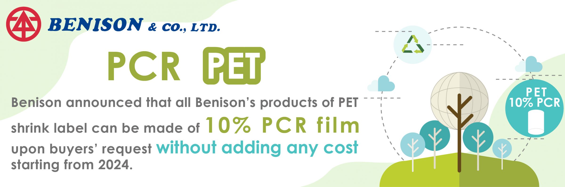 فيما يتعلق بالقضايا البيئية، ستصنع جميع سلسلة ملصقات PET الخاصة بـ Benison من 10% على الأقل من المواد المعاد تدويرها بدءًا من عام 2024!